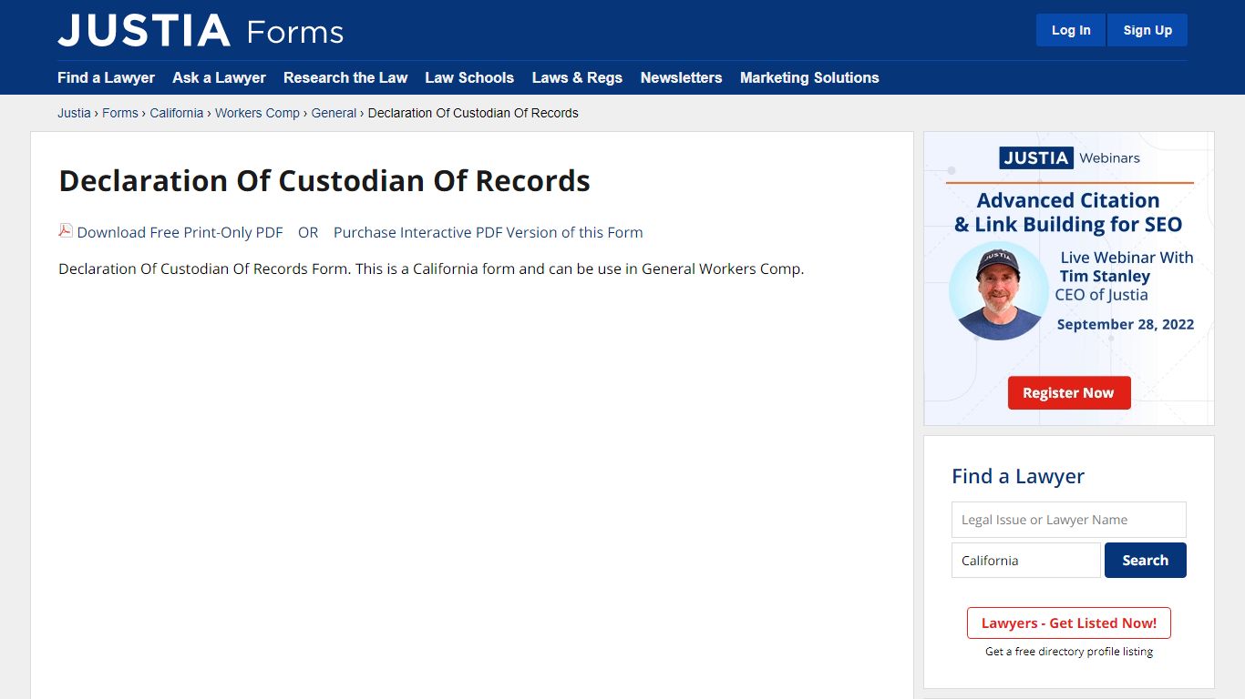 Justia :: Declaration Of Custodian Of Records - Free Legal Forms