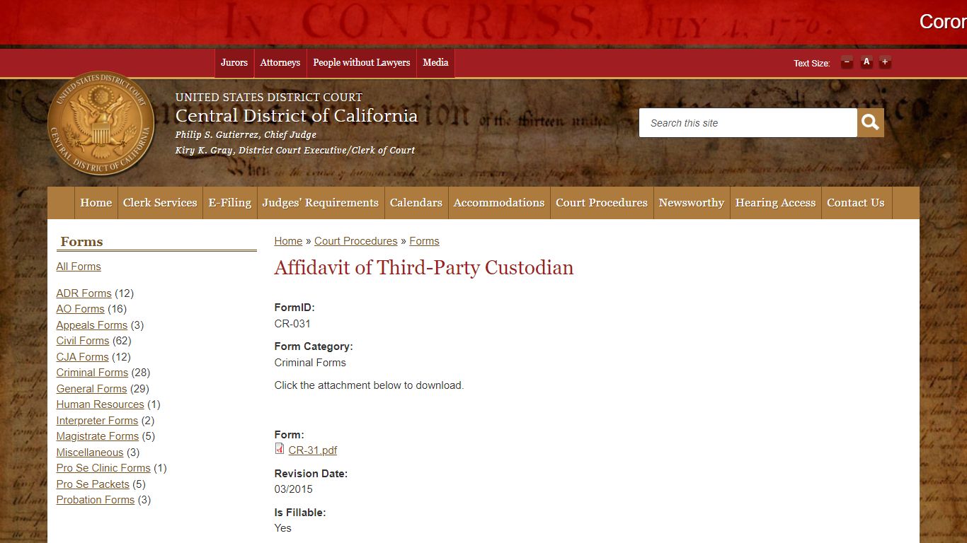 Affidavit of Third-Party Custodian | Central District of California ...